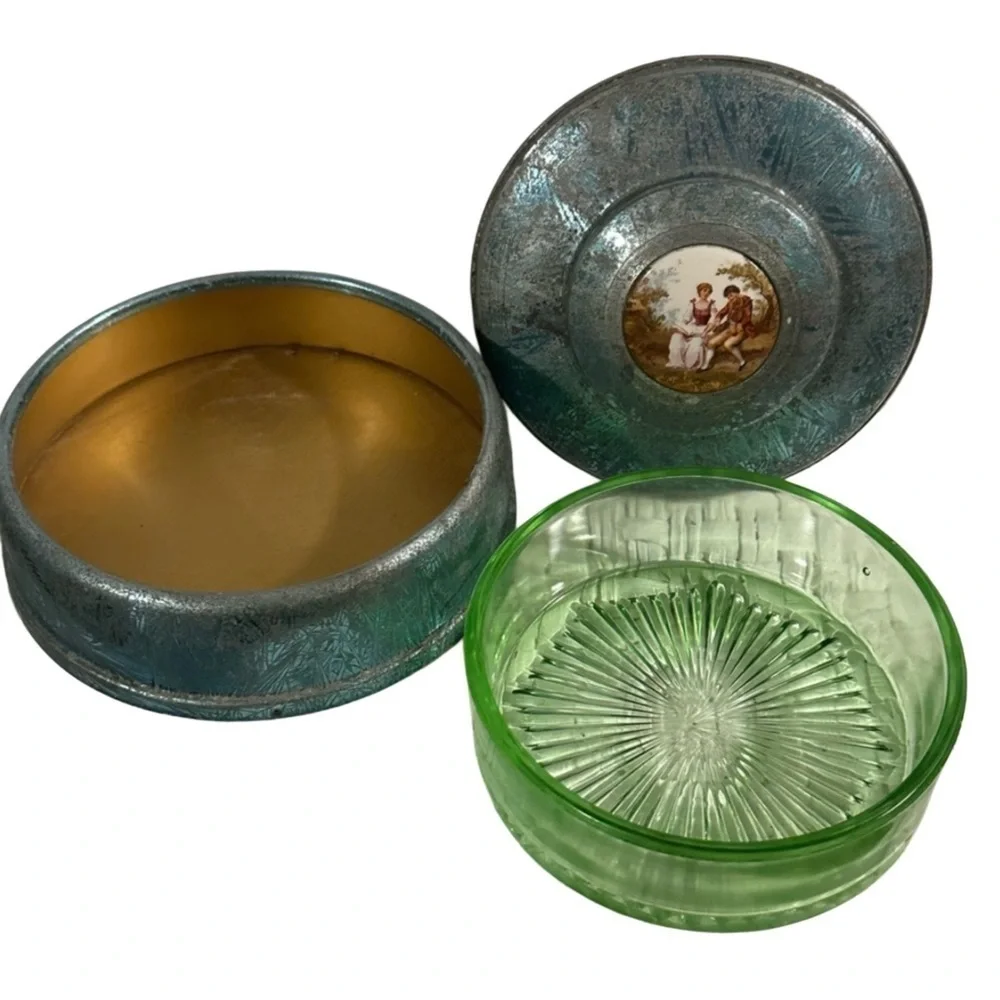 ANTIQUE VASELINE URANIUM GLASS powder puff bowl inside a tin lidded container - Picture 2 of 16